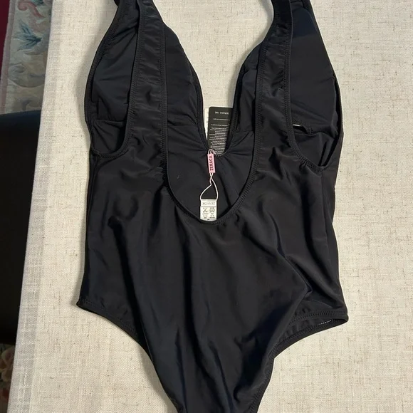 NEW Womens Retro Deep V Neck Black One Piece Swim Suit Medium - Picture 2 of 3